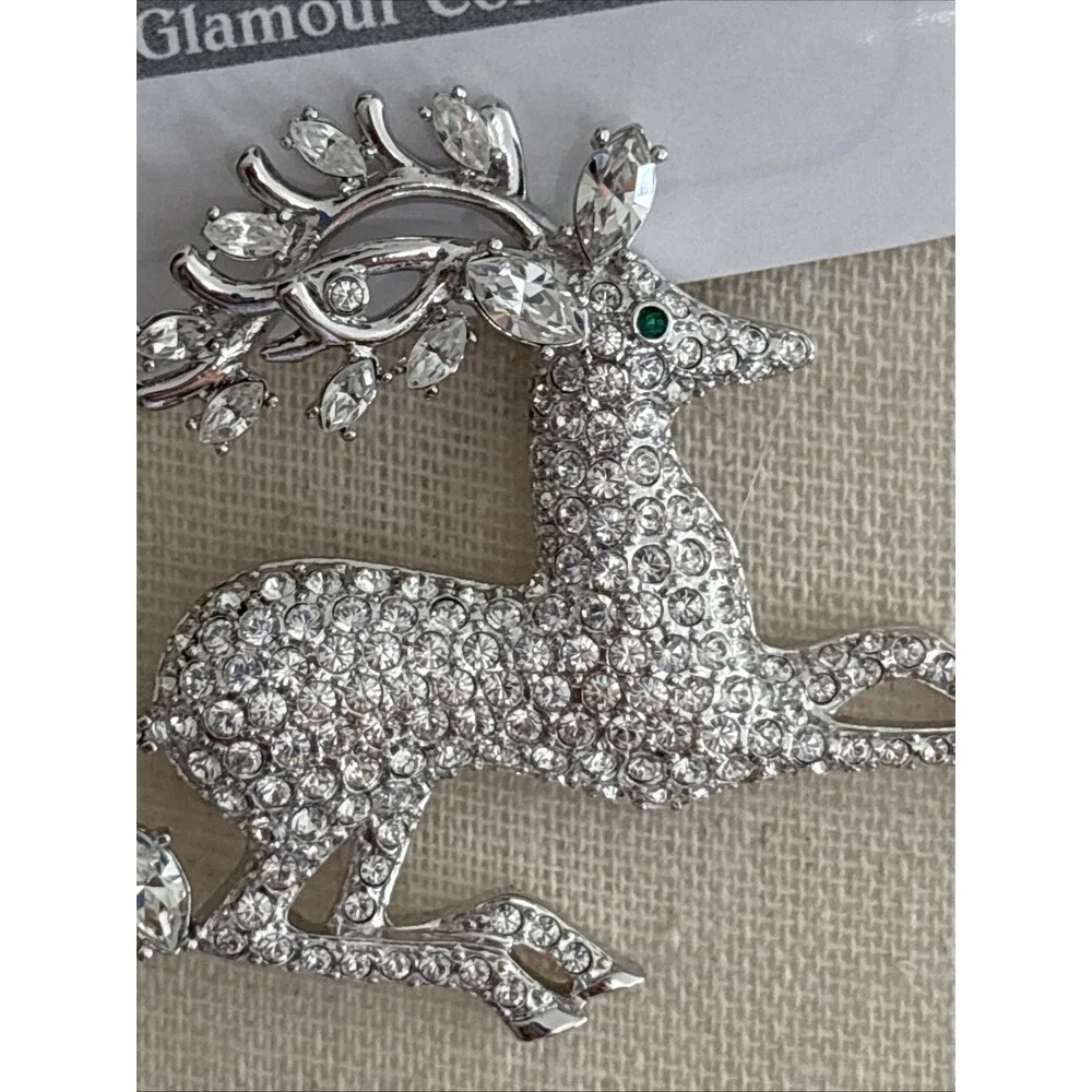 Vintage Nolan Miller Glamour Collection Crystal Pave Reindeer Pin Brooch Silver